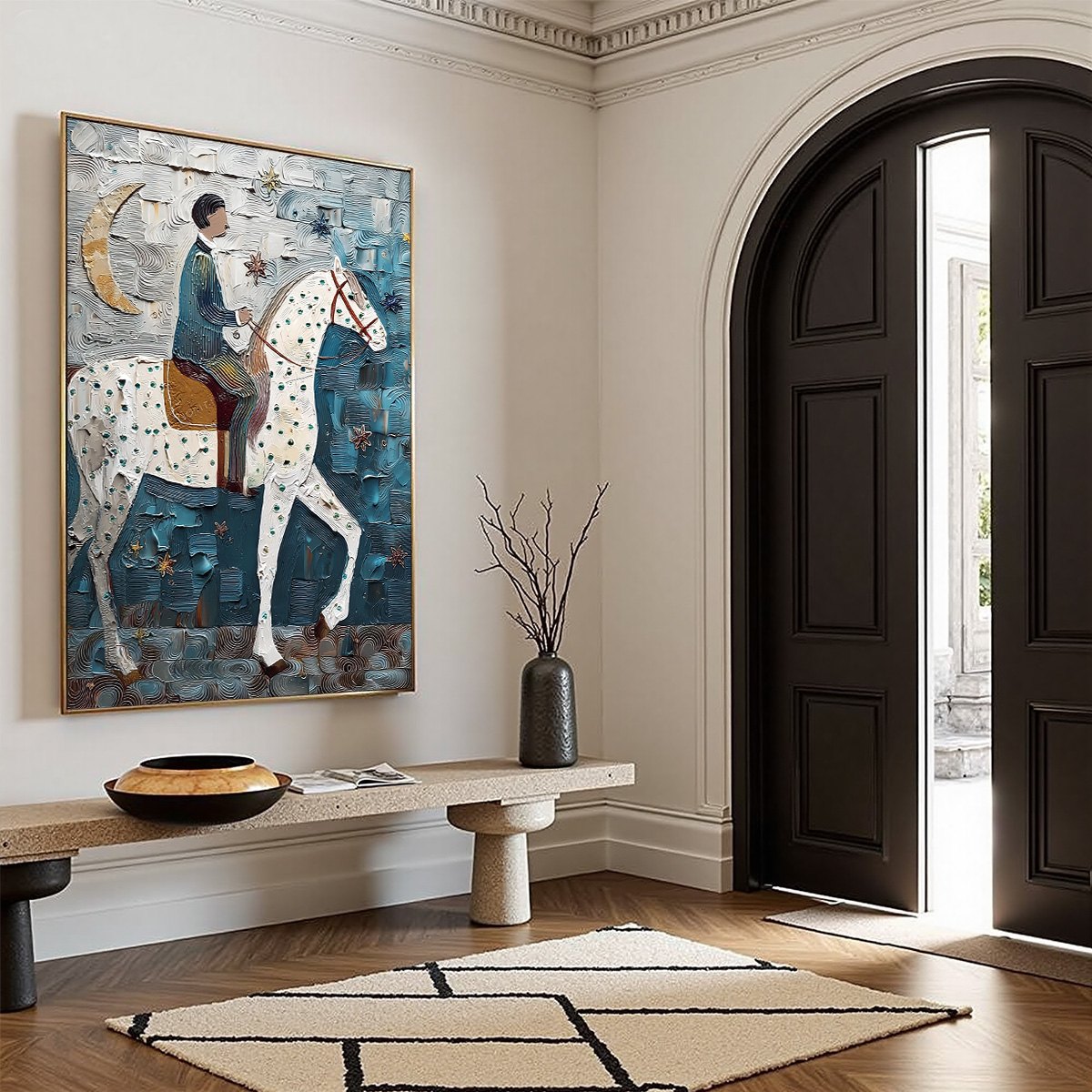 MOONLIT ODYSSEY: Textured Figurative Painting of a Man on Horseback - Image 8