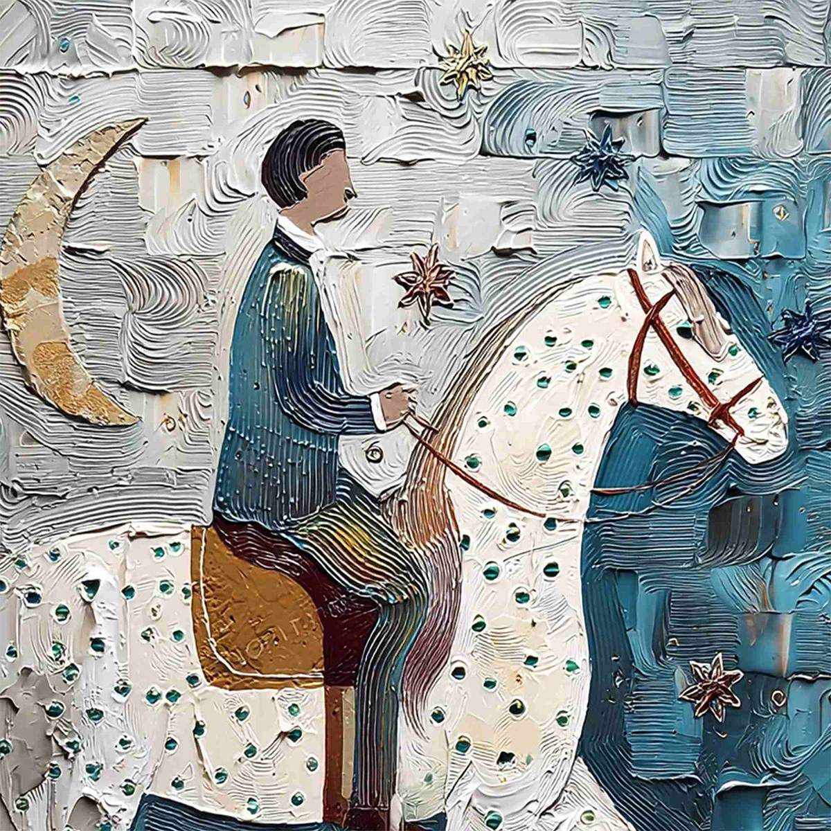 MOONLIT ODYSSEY: Textured Figurative Painting of a Man on Horseback - Image 3