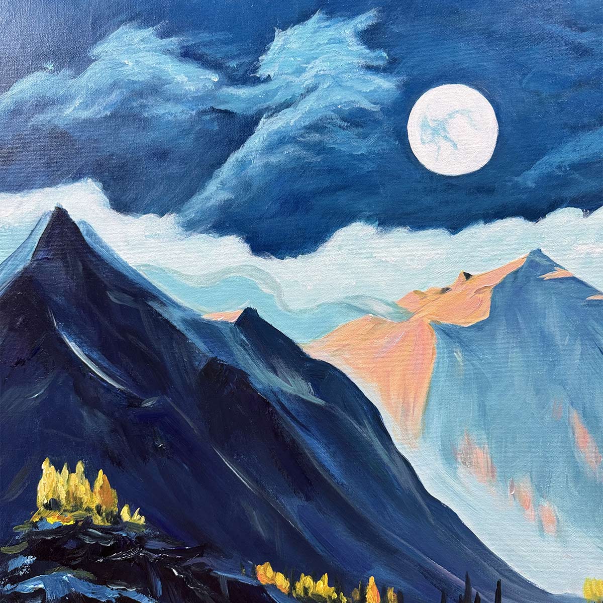 MOONLIT MAJESTY: Panoramic Mountain Landscape Oil Painting with Moon - Image 3