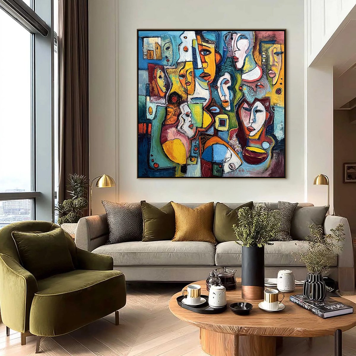 MOSAIC OF MINDS: Colorful Abstract Figurative Faces Oil Painting - Image 6