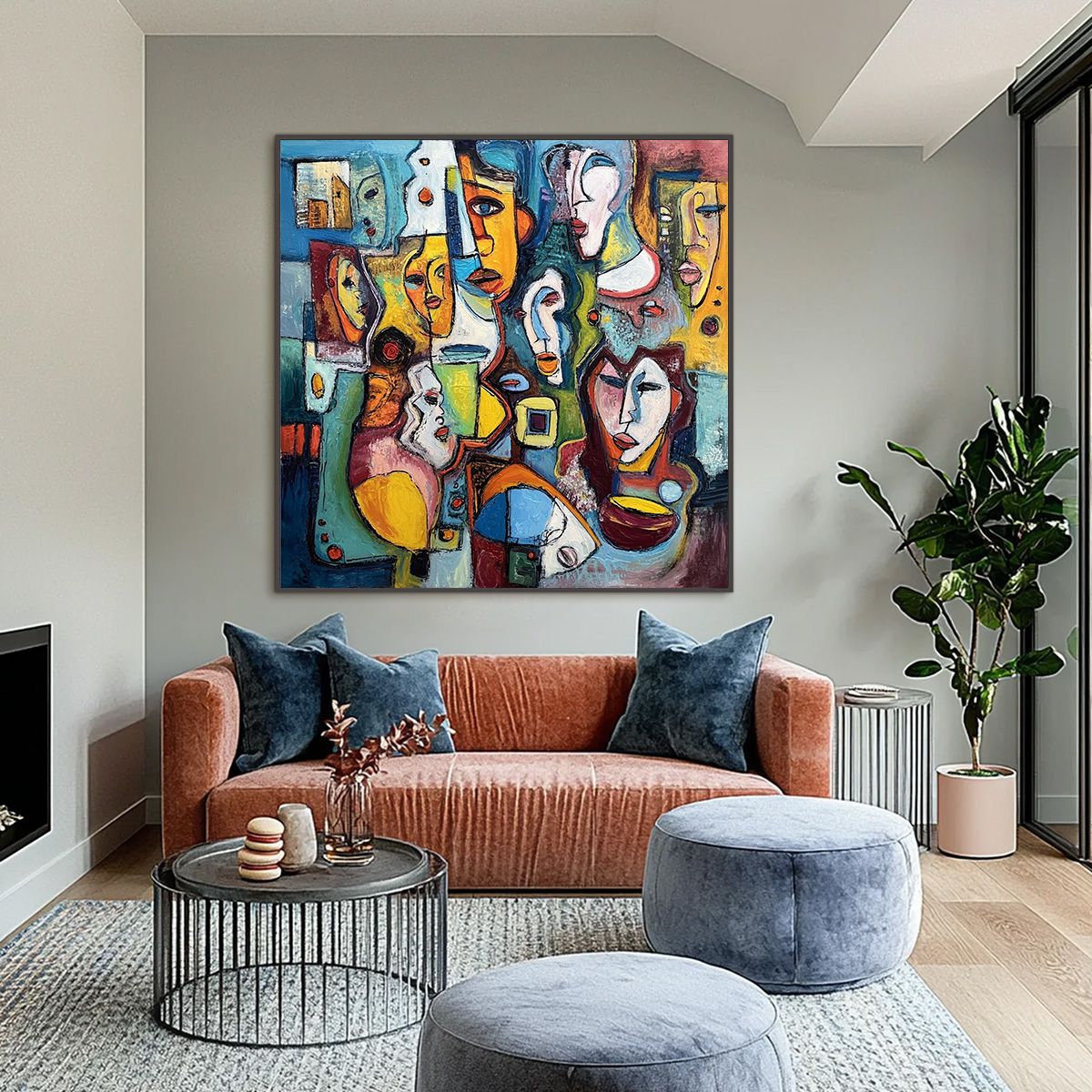 MOSAIC OF MINDS: Colorful Abstract Figurative Faces Oil Painting - Image 2