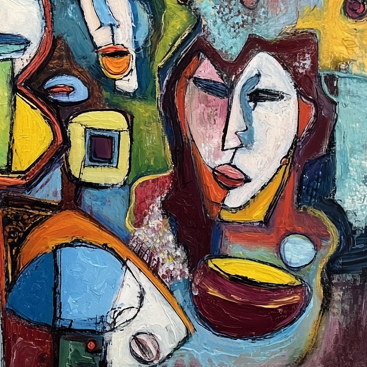 MOSAIC OF MINDS: Colorful Abstract Figurative Faces Oil Painting - Image 3
