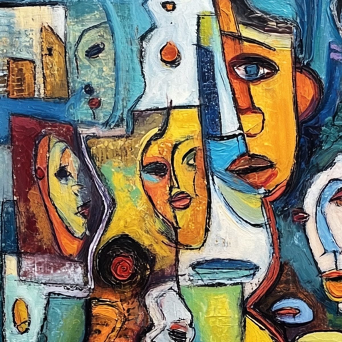 MOSAIC OF MINDS: Colorful Abstract Figurative Faces Oil Painting - Image 5