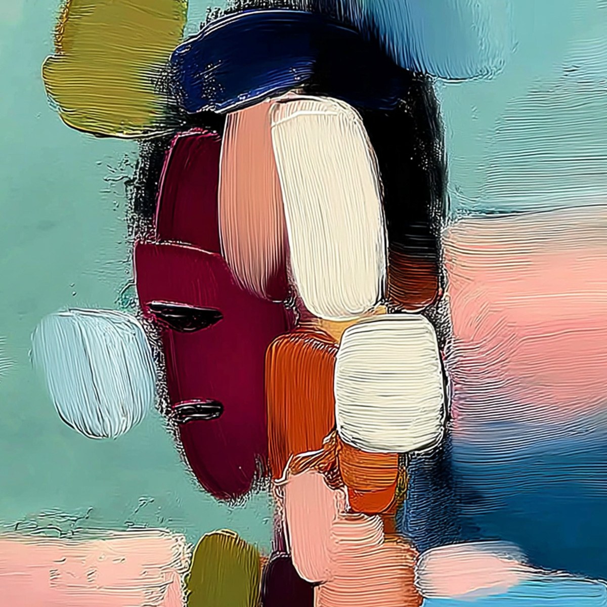 MOSAIC OF THOUGHTS: Textured Abstract Portrait Painting with Bold Colors - Image 3
