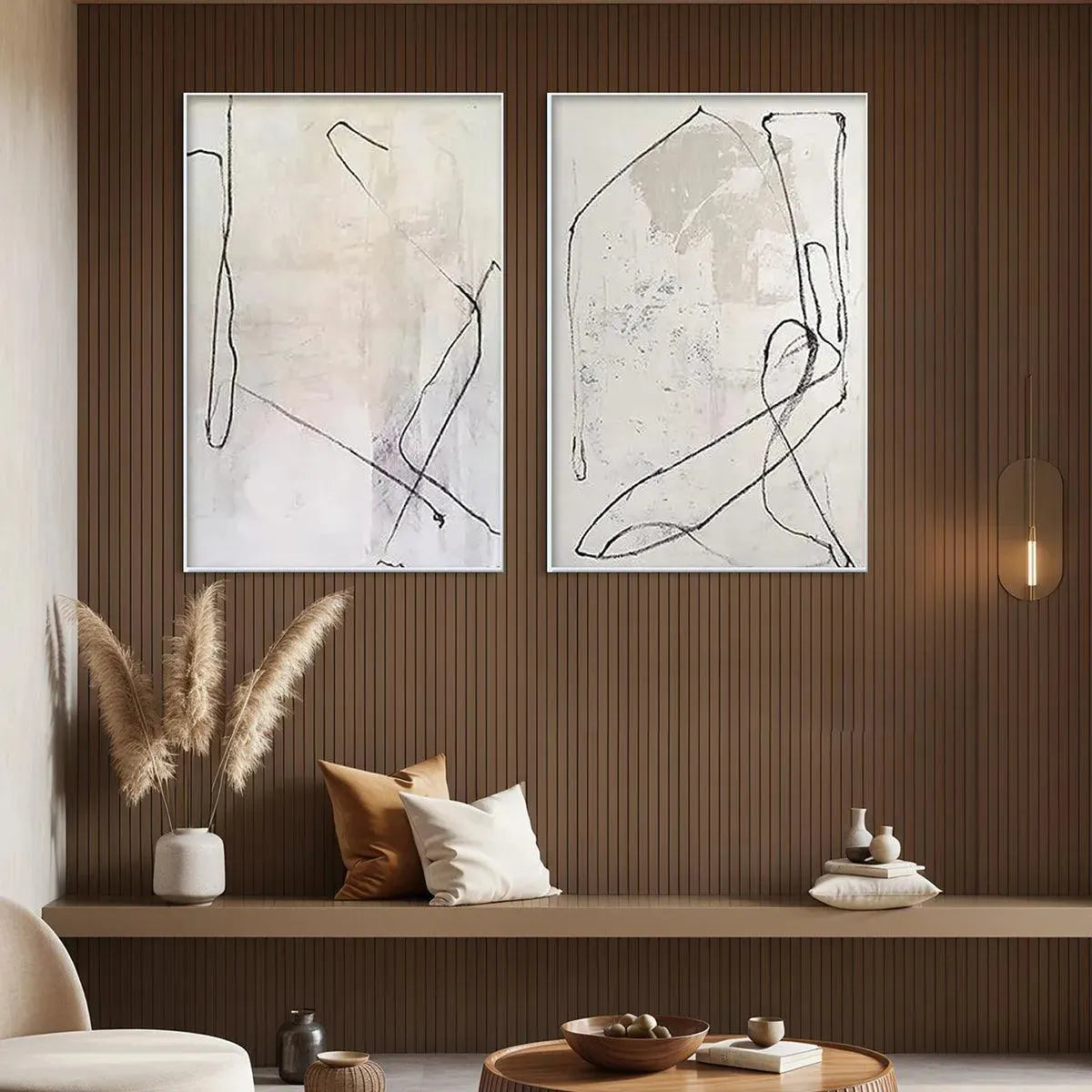 MINIMALIST ABSTRACT DIPTYCH: Beige Abstract Painting Set of 2 - Image 4