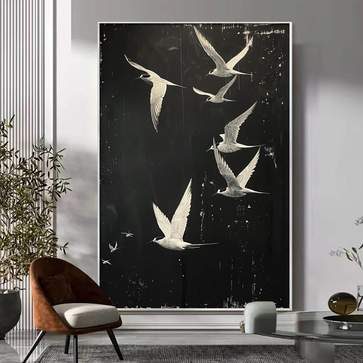 NIGHT FLIGHT: Monochromatic Birds in Flight Oil Painting - Image 2