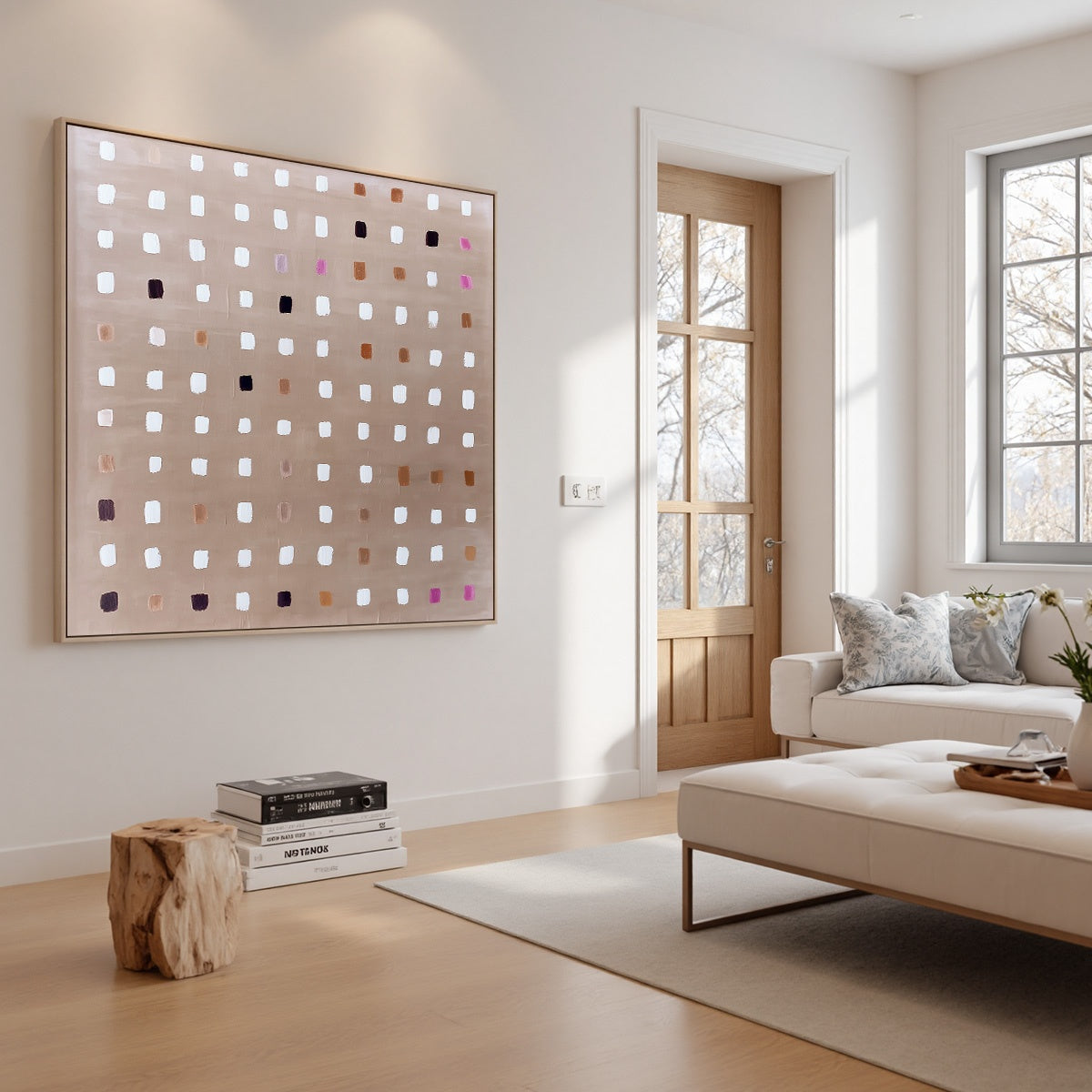 NEUTRAL HARMONY: Minimalist Abstract Grid Oil Painting - Image 3