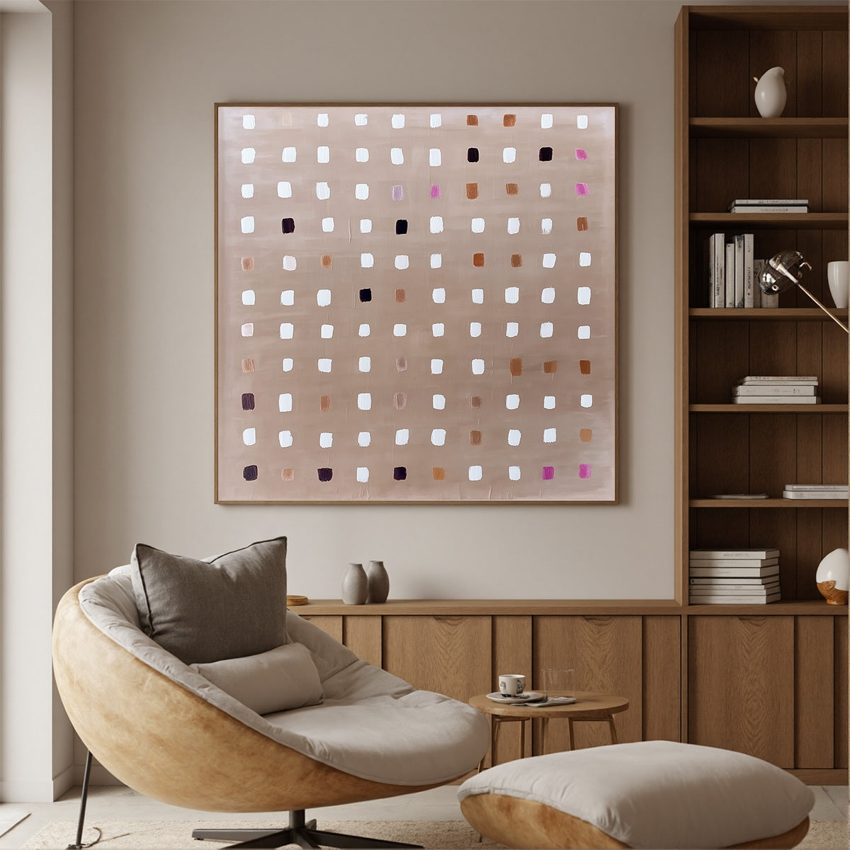 NEUTRAL HARMONY: Minimalist Abstract Grid Oil Painting - Image 2