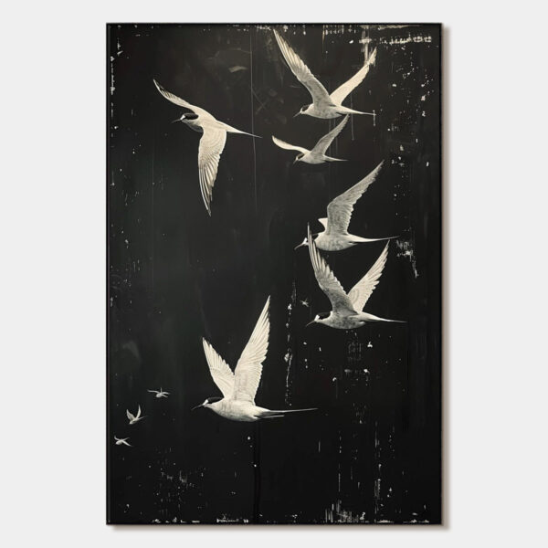 NIGHT FLIGHT: Monochromatic Birds in Flight Oil Painting