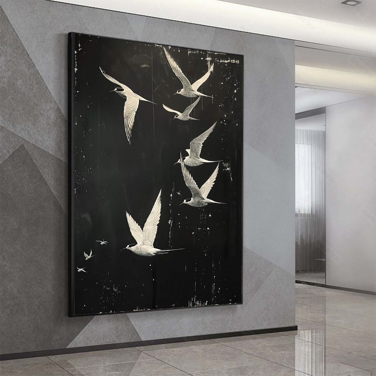 NIGHT FLIGHT: Monochromatic Birds in Flight Oil Painting - Image 4