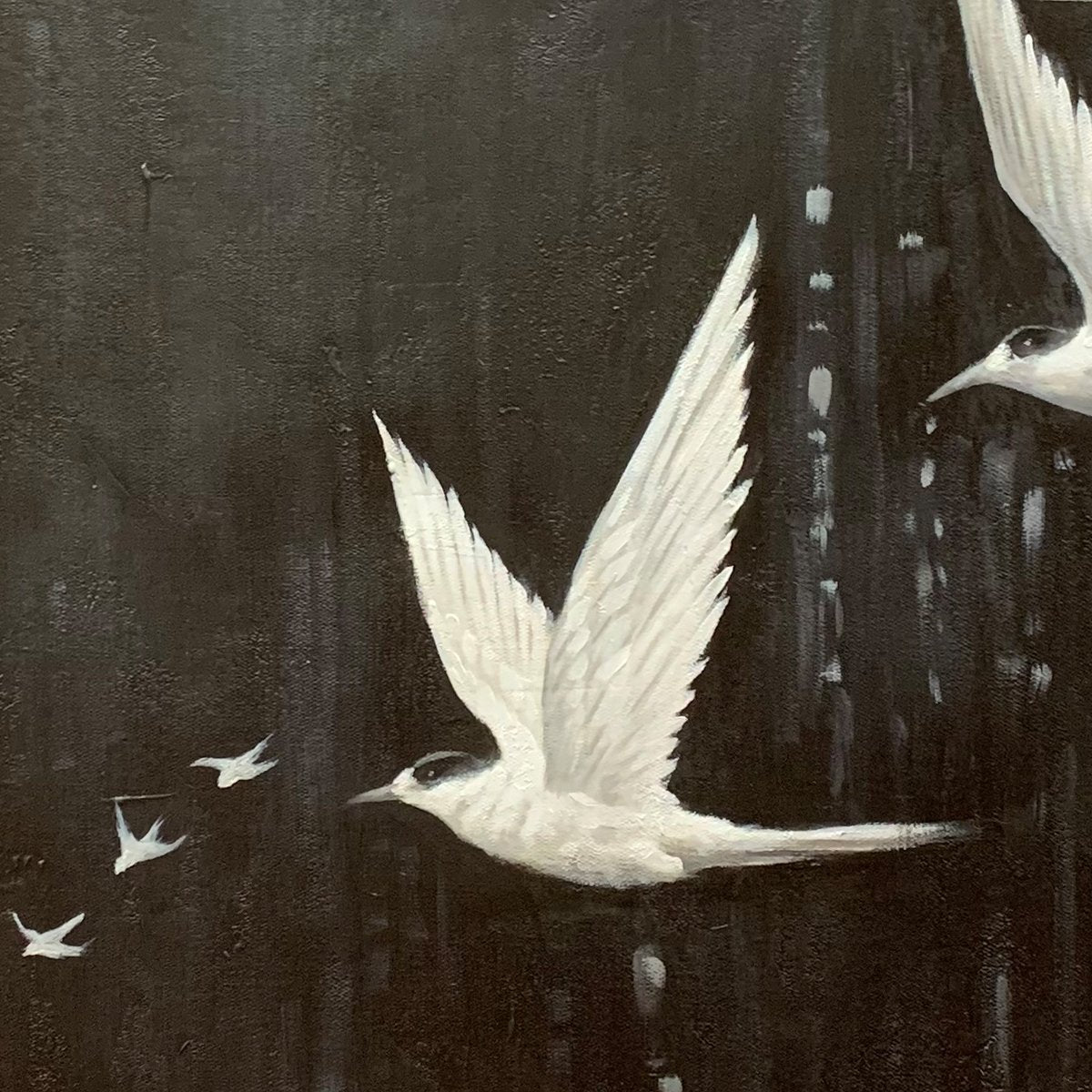 NIGHT FLIGHT: Monochromatic Birds in Flight Oil Painting - Image 5