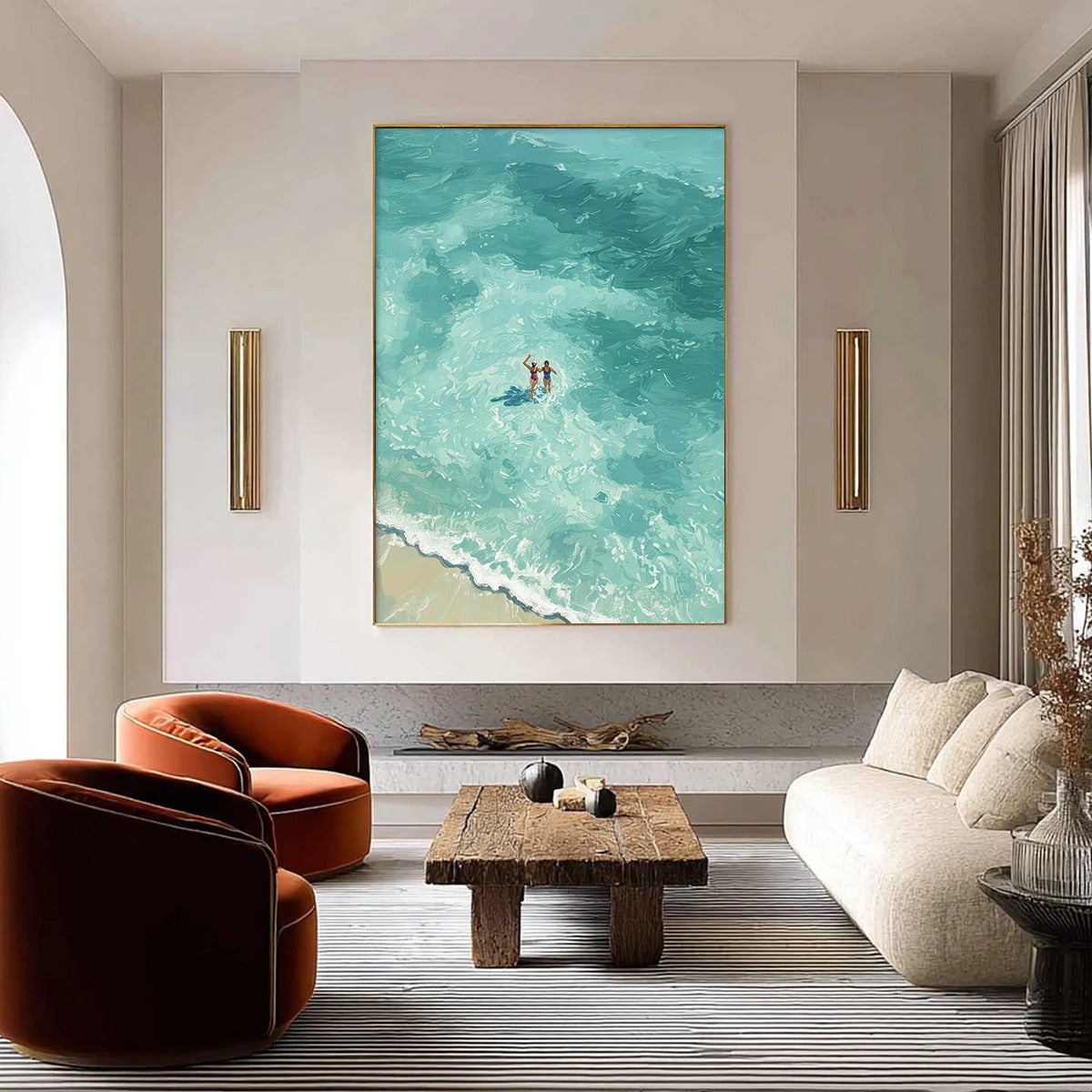 OCEAN EMBRACE: Aerial View Beach Scene with Swimmers Oil Painting - Image 4