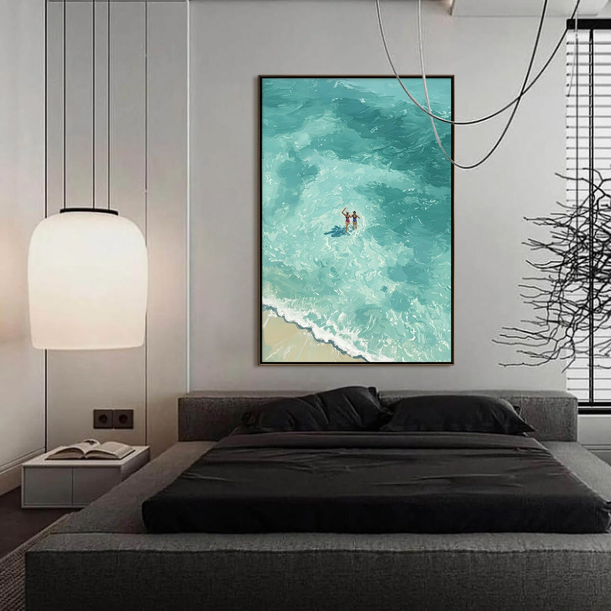 OCEAN EMBRACE: Aerial View Beach Scene with Swimmers Oil Painting - Image 6
