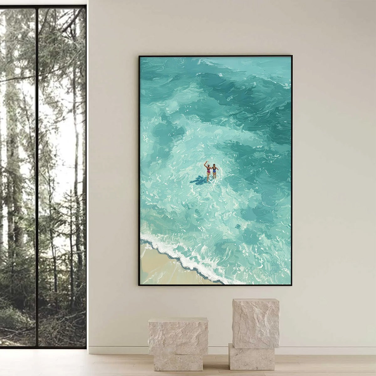 OCEAN EMBRACE: Aerial View Beach Scene with Swimmers Oil Painting - Image 2