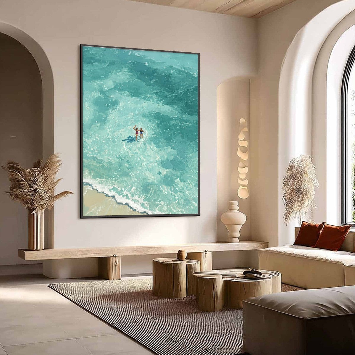 OCEAN EMBRACE: Aerial View Beach Scene with Swimmers Oil Painting - Image 7