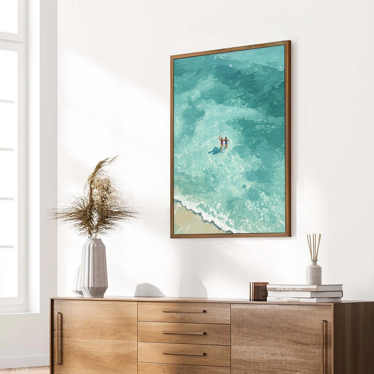 OCEAN EMBRACE: Aerial View Beach Scene with Swimmers Oil Painting - Image 8