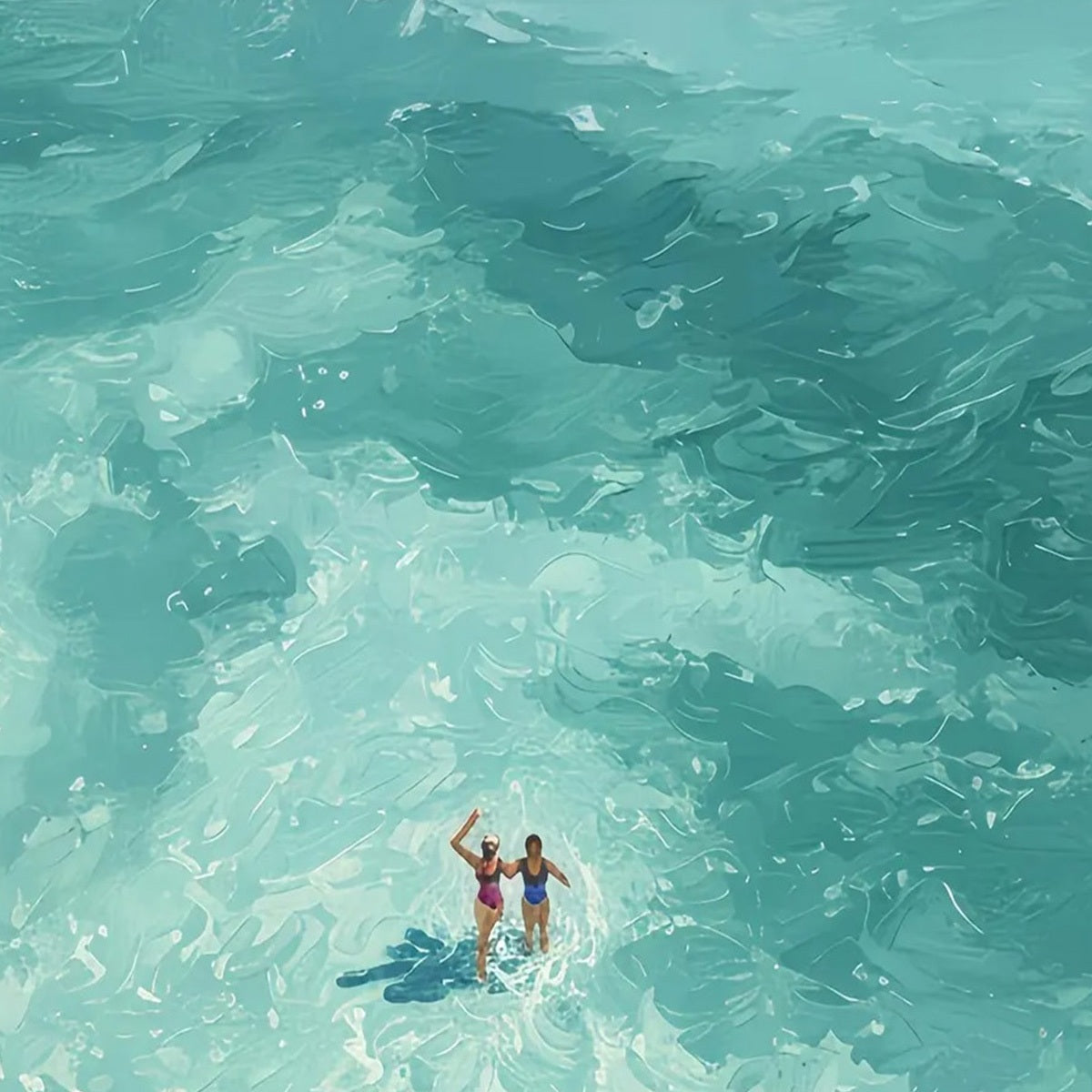 OCEAN EMBRACE: Aerial View Beach Scene with Swimmers Oil Painting - Image 3