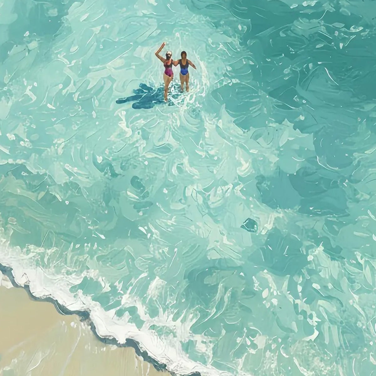 OCEAN EMBRACE: Aerial View Beach Scene with Swimmers Oil Painting - Image 5