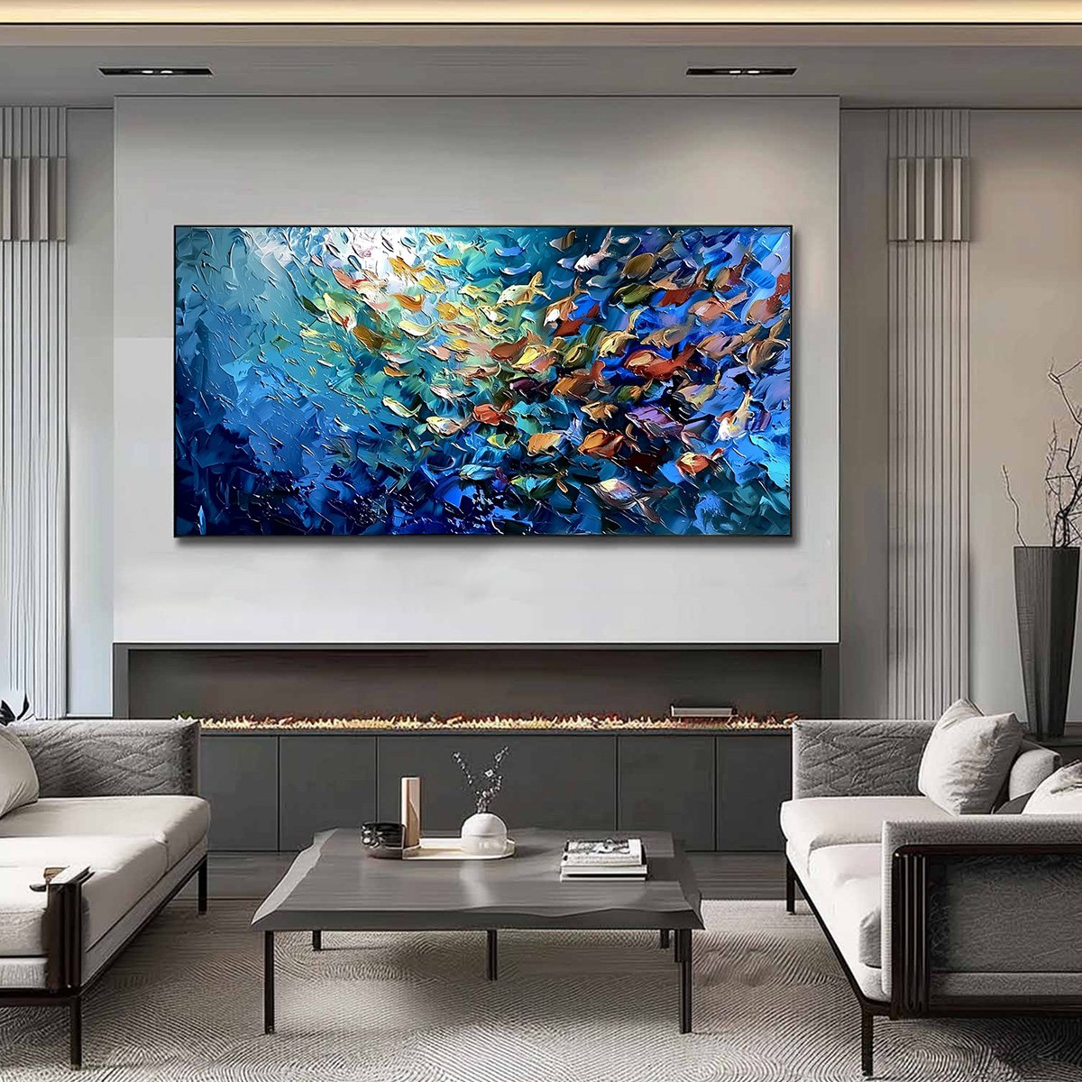 OCEANIC CONVERGENCE: Textured Impasto Painting of a Vibrant School of Fish - Image 2