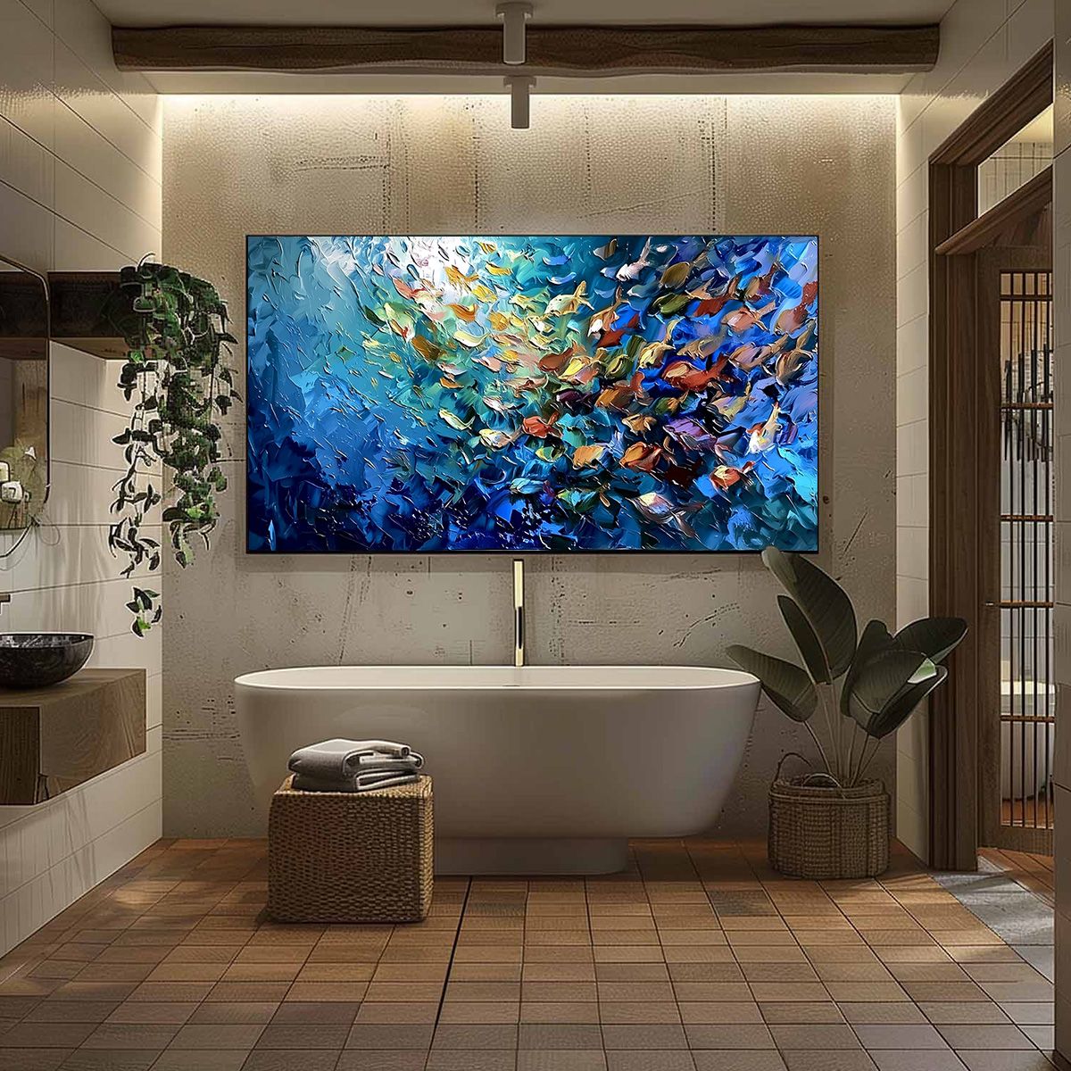 OCEANIC CONVERGENCE: Textured Impasto Painting of a Vibrant School of Fish - Image 6
