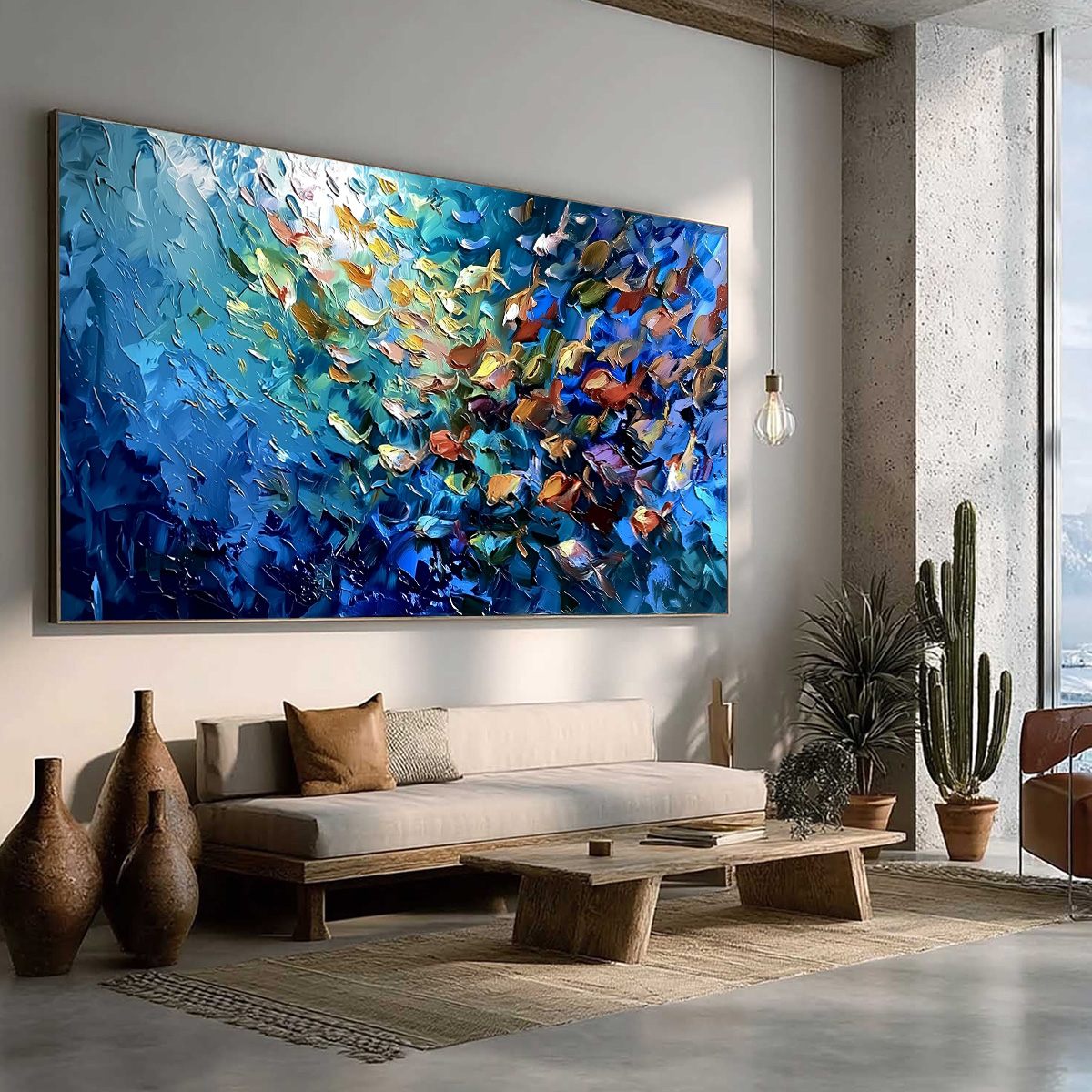 OCEANIC CONVERGENCE: Textured Impasto Painting of a Vibrant School of Fish - Image 8