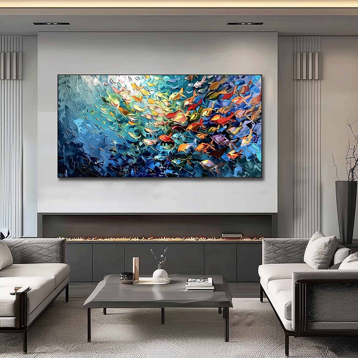 OCEANIC RUSH: Textured Palette Knife Painting of a School of Fish - Image 2