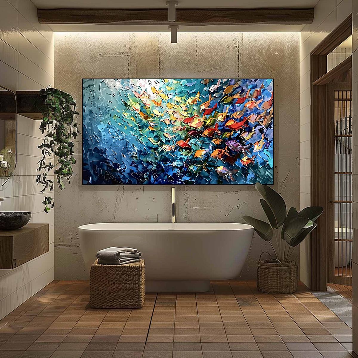OCEANIC RUSH: Textured Palette Knife Painting of a School of Fish - Image 6