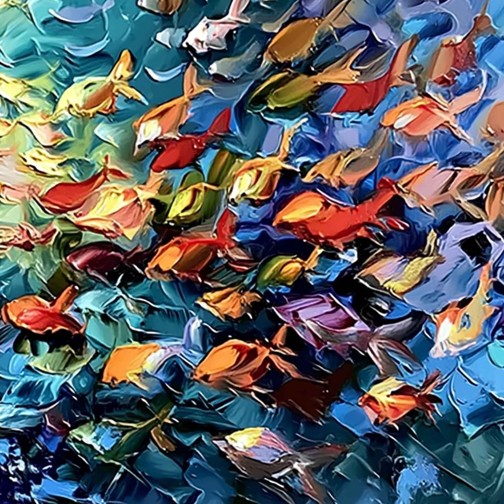 OCEANIC RUSH: Textured Palette Knife Painting of a School of Fish - Image 5