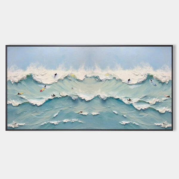 OCEAN'S HEARTBEAT: Panoramic Ocean Wave Painting with Surfers for Living Room