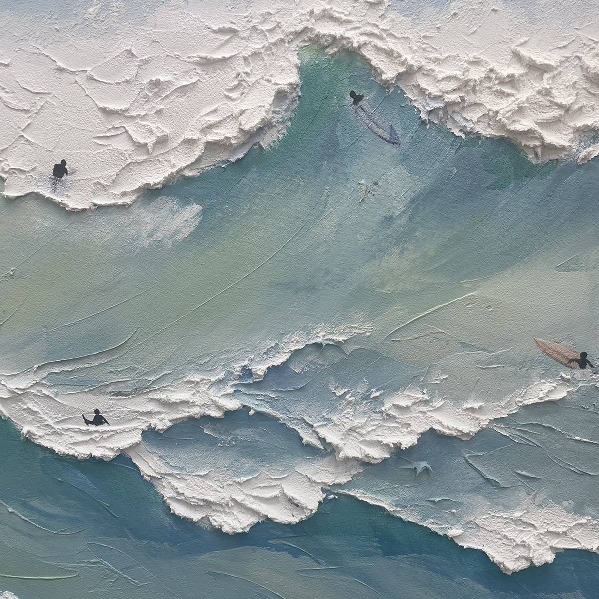OCEAN'S HEARTBEAT: Panoramic Ocean Wave Painting with Surfers for Living Room - Image 3