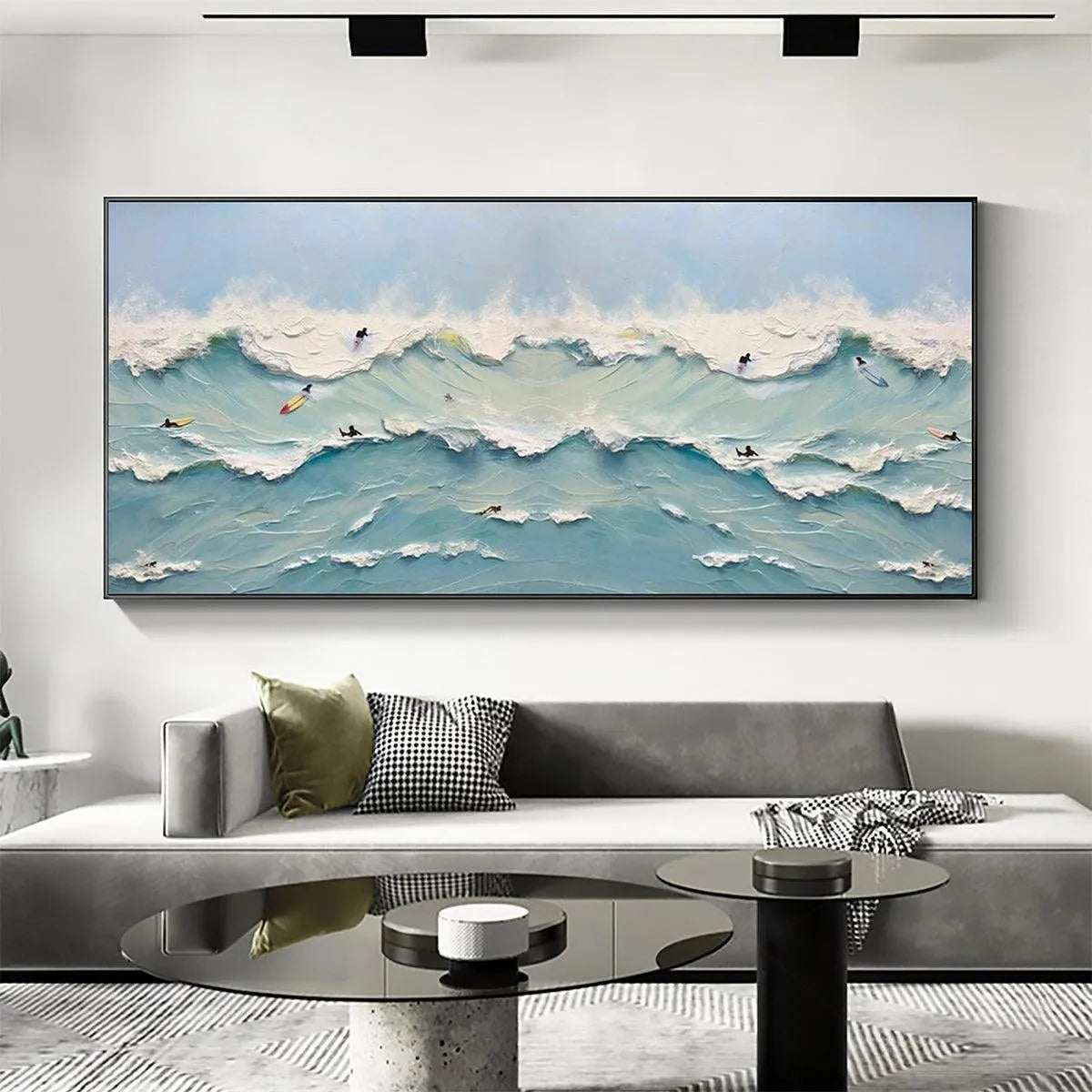 OCEAN'S HEARTBEAT: Panoramic Ocean Wave Painting with Surfers for Living Room - Image 2