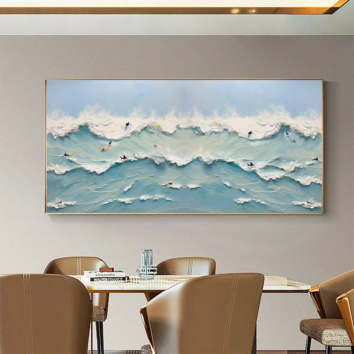 OCEAN'S HEARTBEAT: Panoramic Ocean Wave Painting with Surfers for Living Room - Image 4