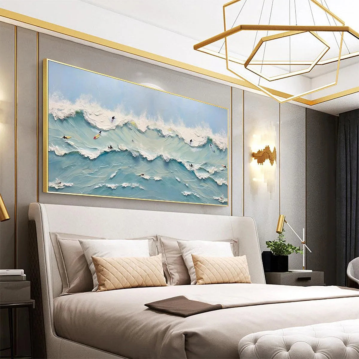 OCEAN'S HEARTBEAT: Panoramic Ocean Wave Painting with Surfers for Living Room - Image 7