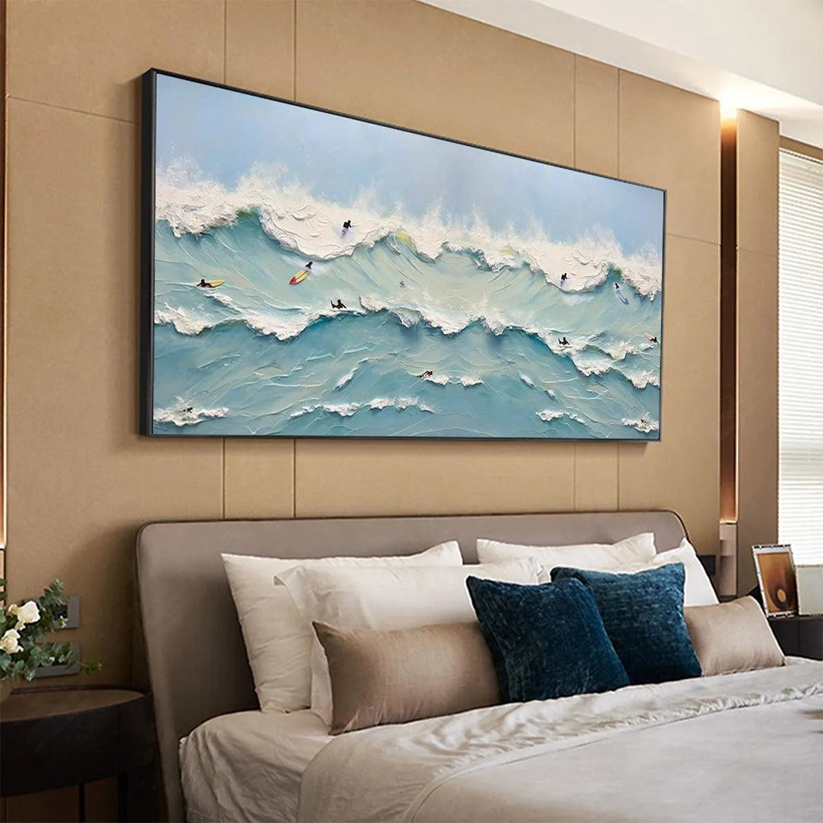 OCEAN'S HEARTBEAT: Panoramic Ocean Wave Painting with Surfers for Living Room - Image 8