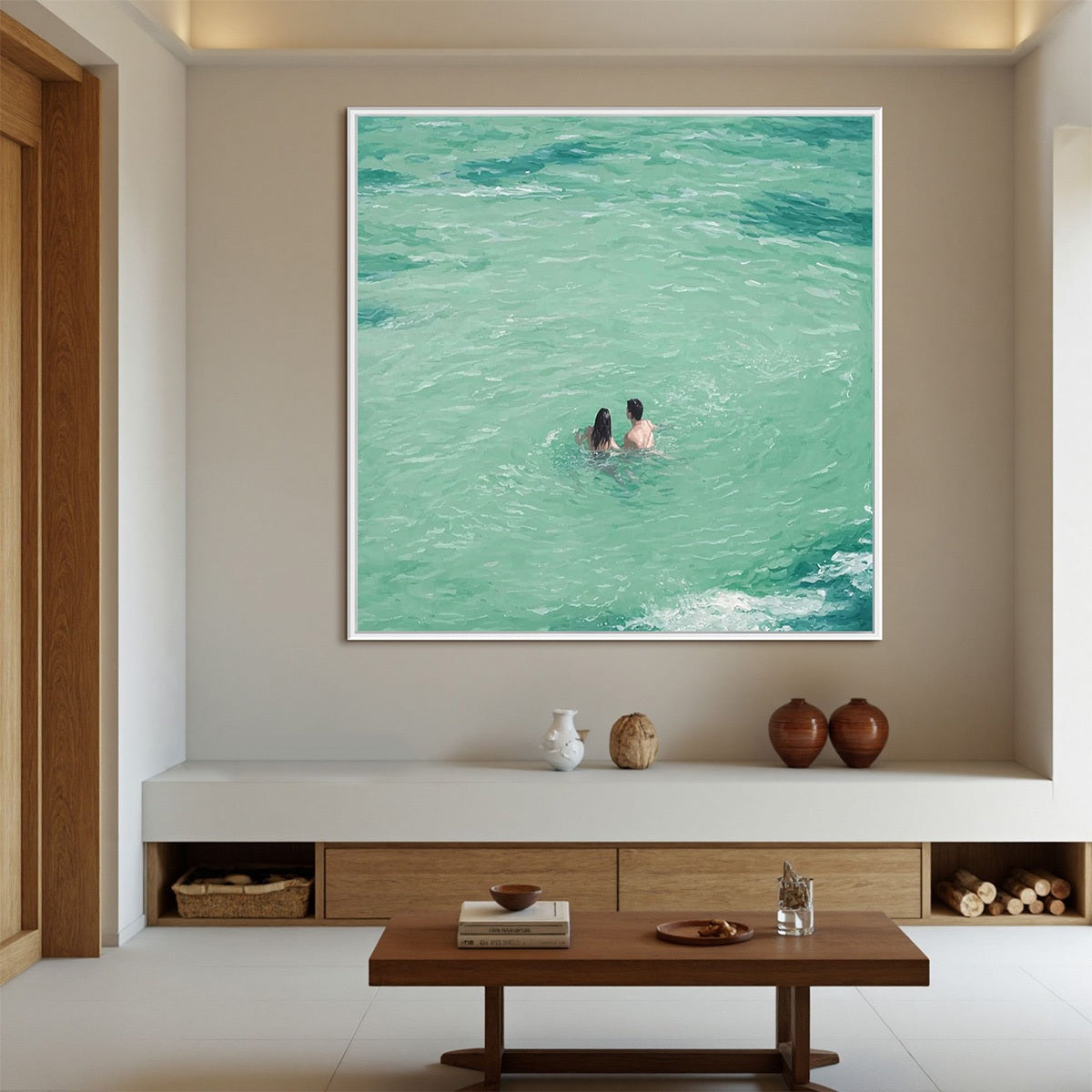 OCEAN EMBRACE: Minimalist Beach Scene Oil Painting - Image 2