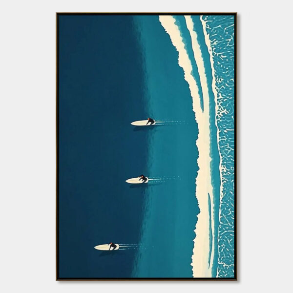 OCEAN'S THREE: Minimalist Aerial Surfing Scene Oil Painting