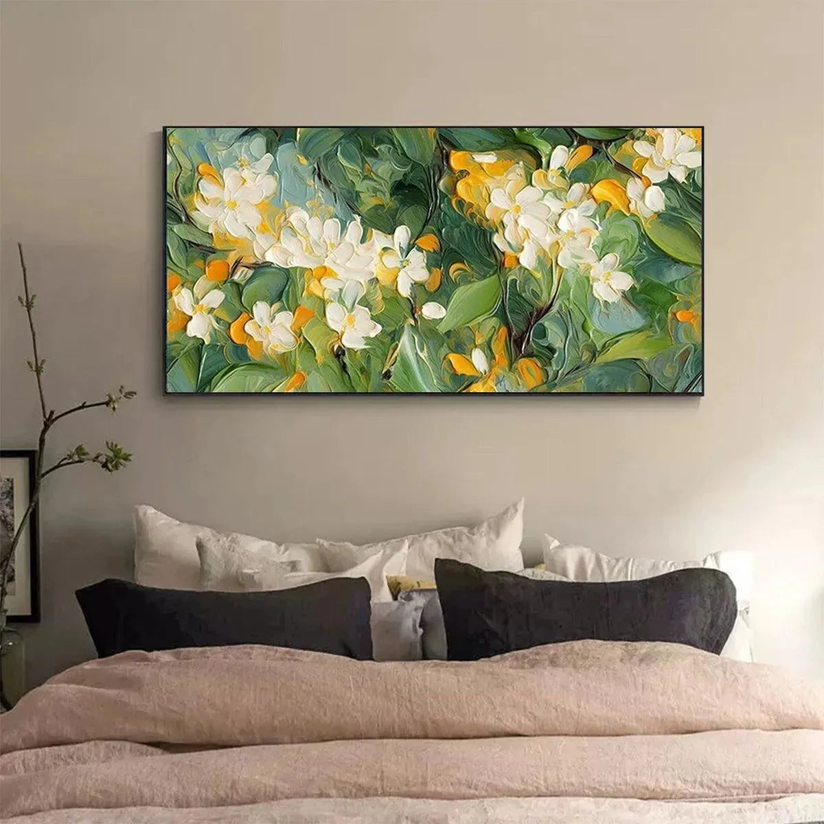 ORANGE BLOSSOM: Textured Floral Painting, White Flowers Wall Art, Panoramic Canvas, Impressionist Decor - Image 2