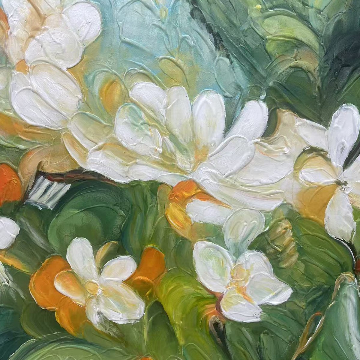 ORANGE BLOSSOM: Textured Floral Painting, White Flowers Wall Art, Panoramic Canvas, Impressionist Decor - Image 3