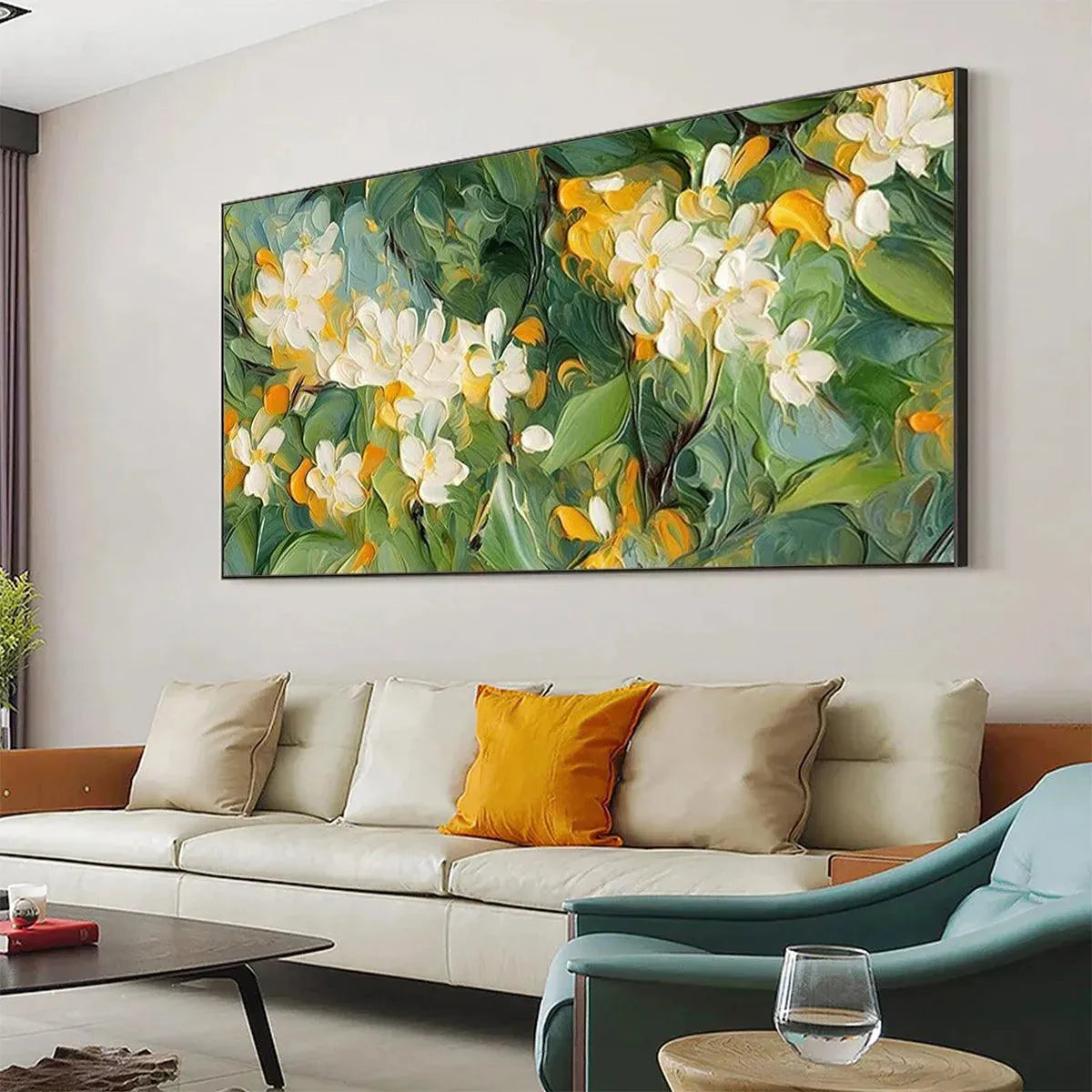 ORANGE BLOSSOM: Textured Floral Painting, White Flowers Wall Art, Panoramic Canvas, Impressionist Decor - Image 4