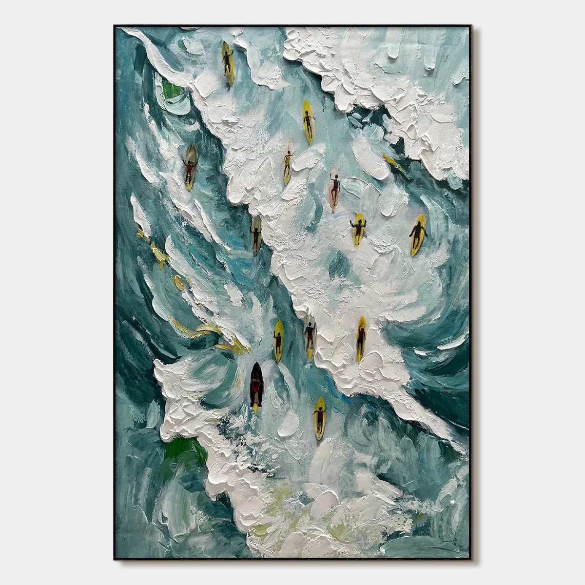 CATCHING THE WAVE: Ocean Surfers Impasto Oil Painting on Canvas