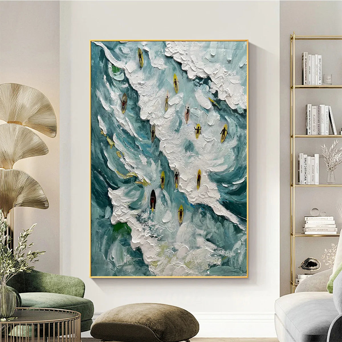 CATCHING THE WAVE: Ocean Surfers Impasto Oil Painting on Canvas - Image 2