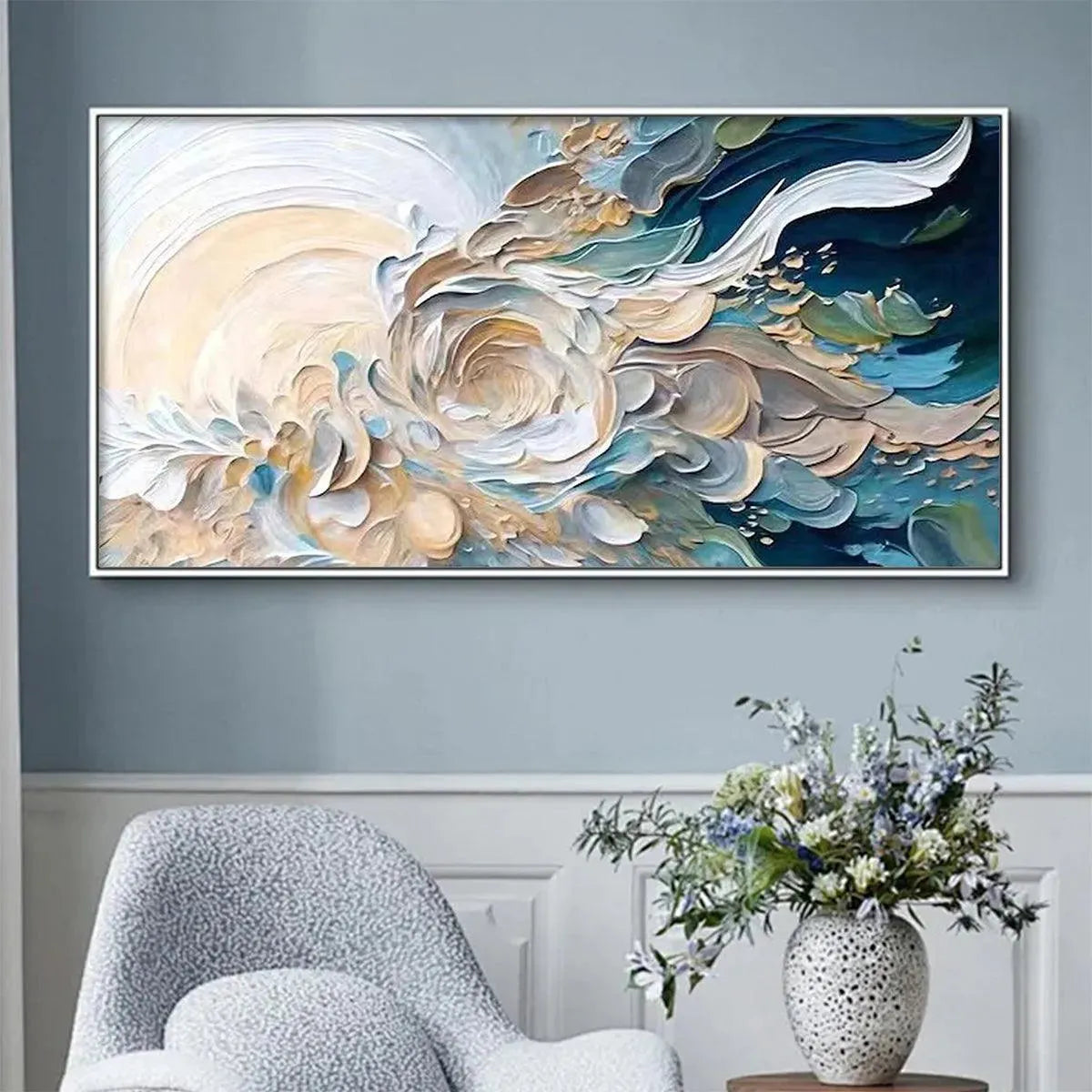 OCEANIC BLOOM: Textured Abstract Floral Painting in Blue and Beige - Image 7