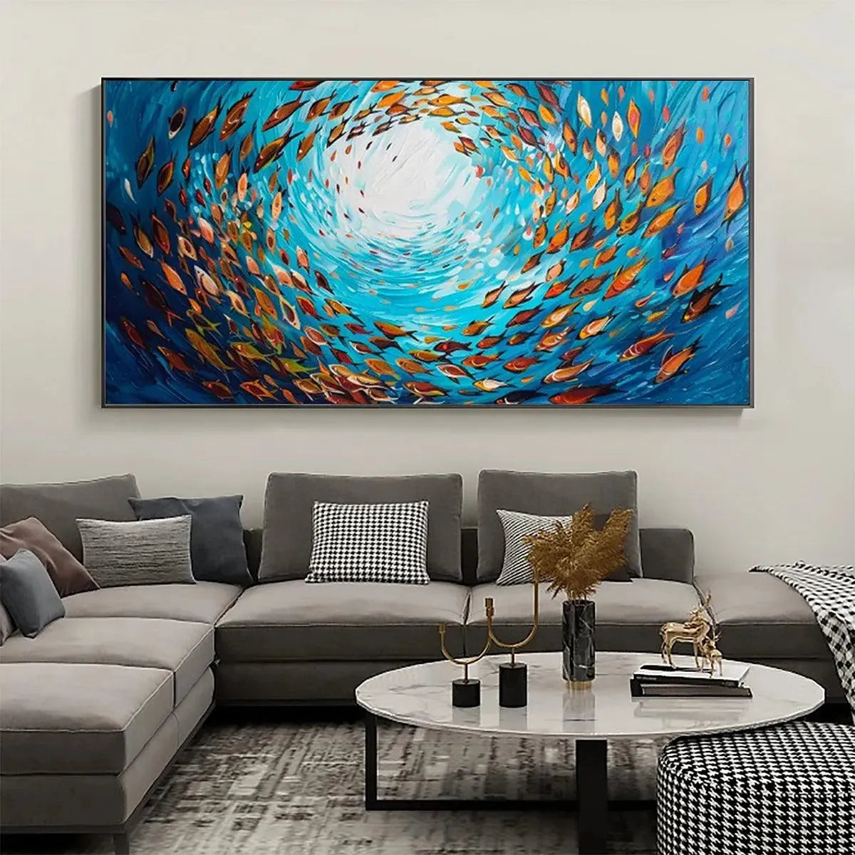 OCEANIC WHIRL: Dynamic School of Fish Painting, Horizontal Wall Art - Image 6