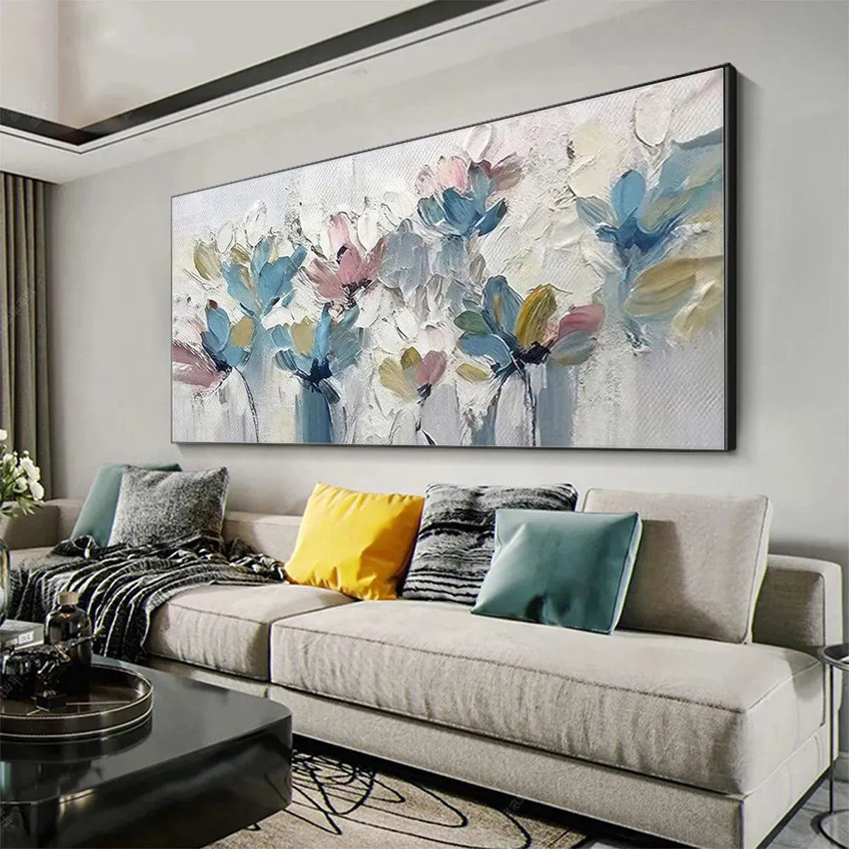 PASTEL DREAM: Textured Floral Painting, Pastel Flower Wall Art, Panoramic Canvas, Impressionist Decor - Image 7