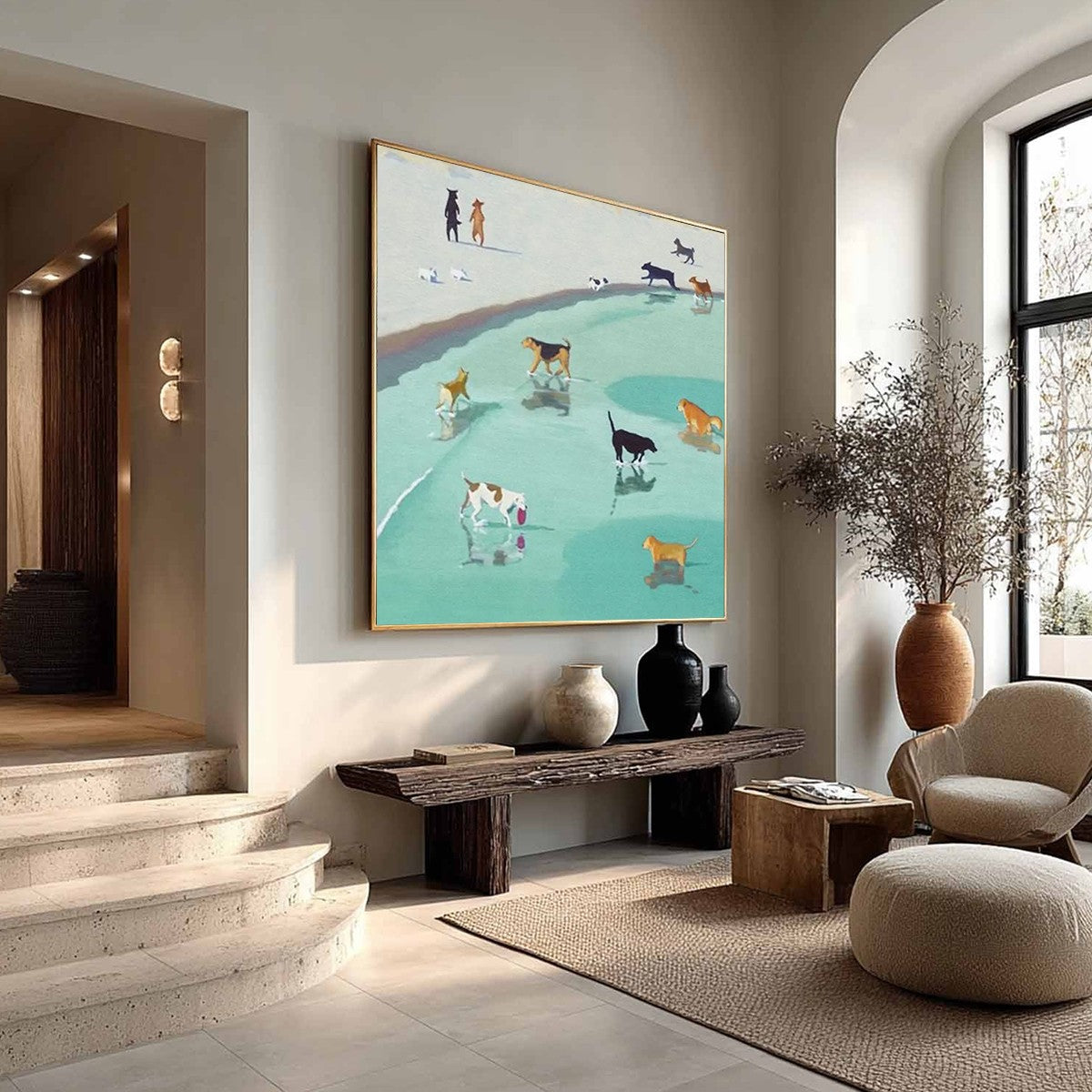 PAWS AT TIDE: Minimalist Dog Beach Scene Oil Painting - Image 5