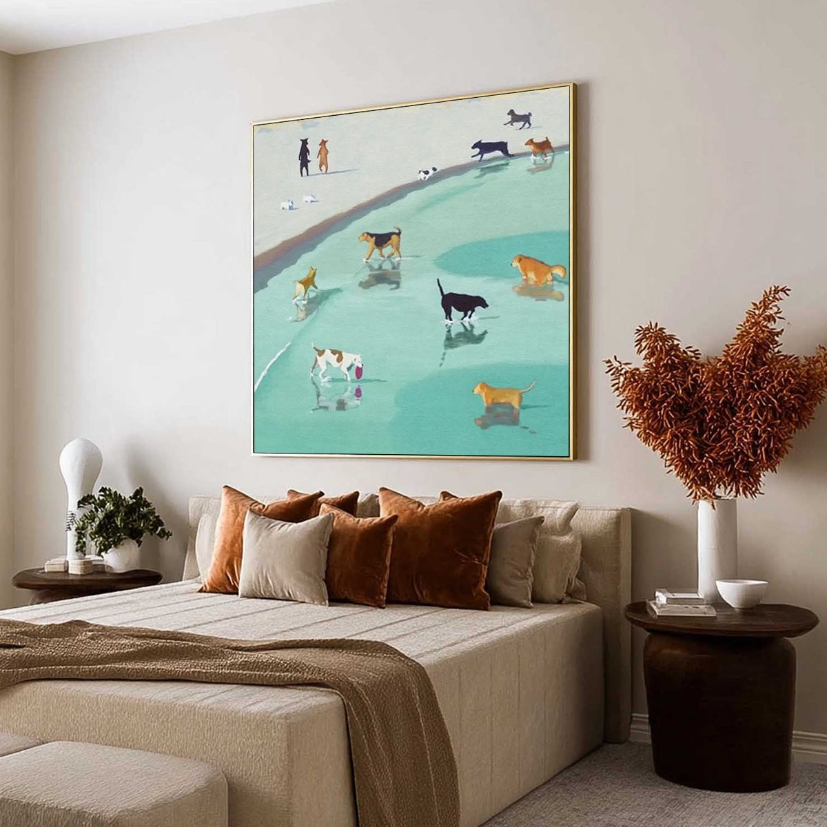 PAWS AT TIDE: Minimalist Dog Beach Scene Oil Painting - Image 6