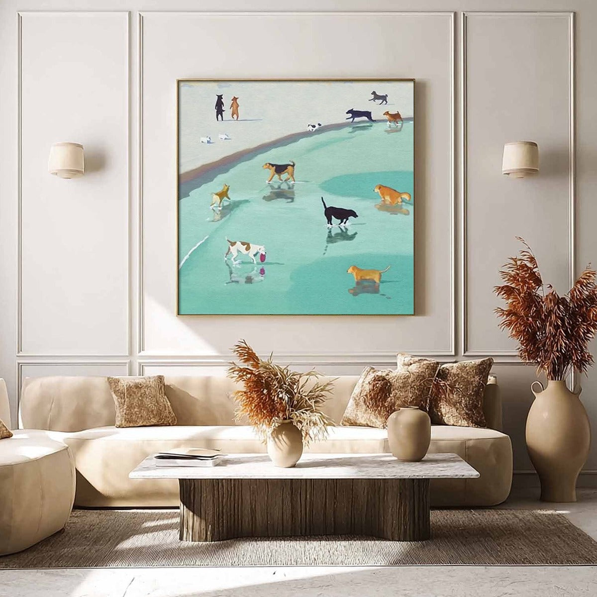 PAWS AT TIDE: Minimalist Dog Beach Scene Oil Painting - Image 4