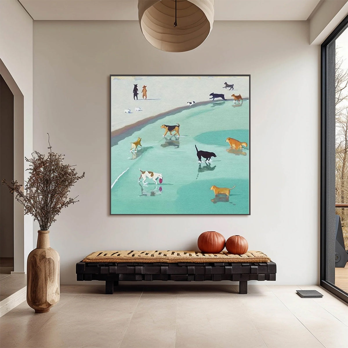 PAWS AT TIDE: Minimalist Dog Beach Scene Oil Painting - Image 2
