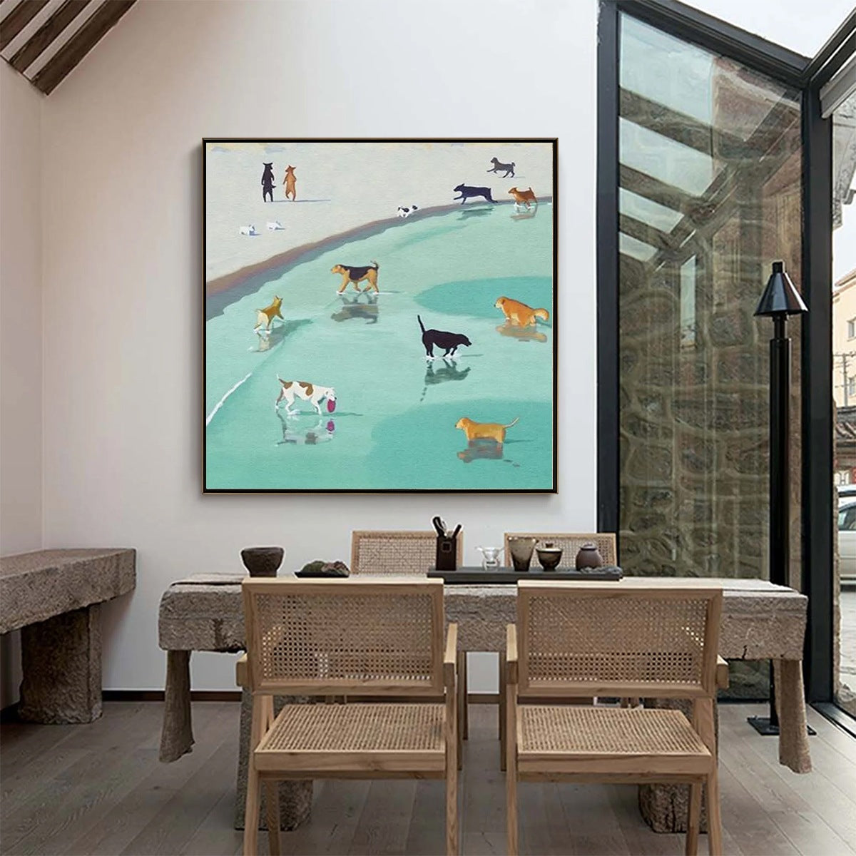 PAWS AT TIDE: Minimalist Dog Beach Scene Oil Painting - Image 8