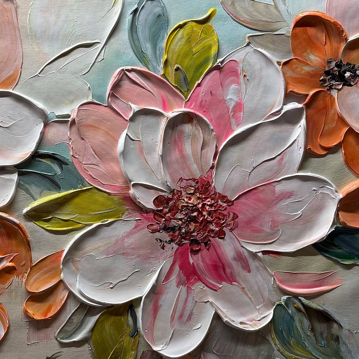 PEACH BLOSSOM: Textured Impasto Floral Painting in Peach and White - Image 3